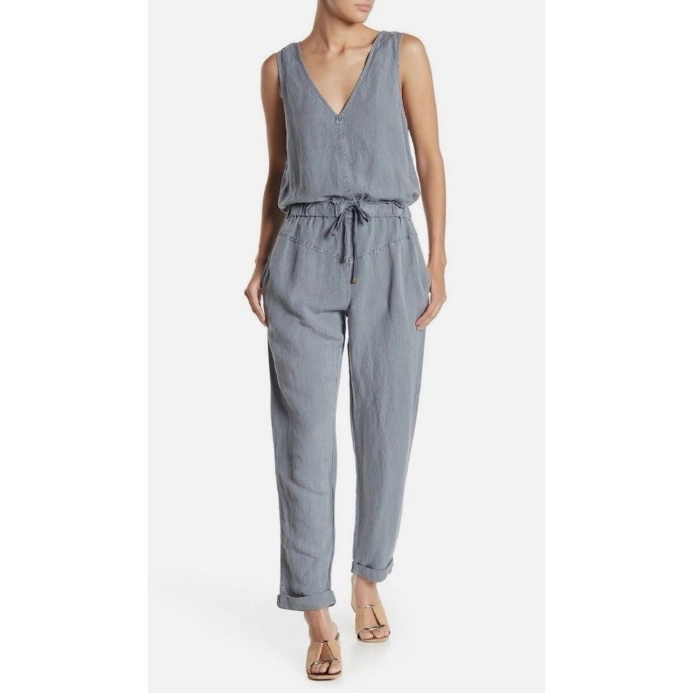 Young Fabulous & Broke Alex Linen Blend Pewter Gray Double V Tank Jumpsuit XS